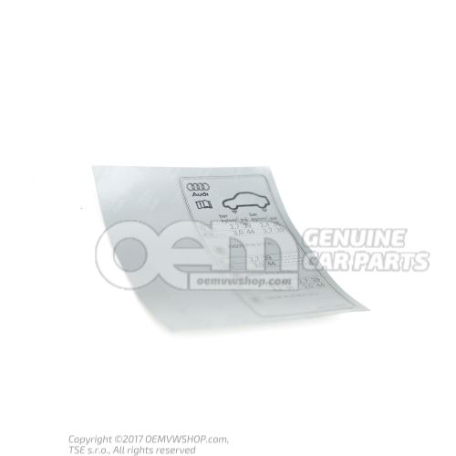 Etiquette p. pression de gonflage des pneus Audi RS3 Sportback 8V 8V0010502FF