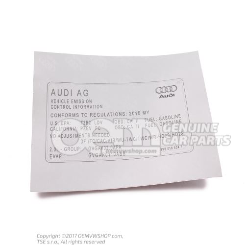 Data plate for emission values Audi TT/TTS Coupe/Roadster 8S 8V0010504F